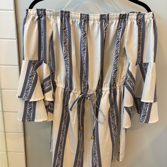 Blush Dresses & Skirts - Blue and White Striped Off-Shoulder Dress